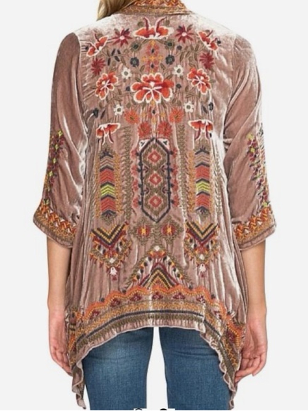 Johnny Was Waleska Velvet Silk Draped Cardigan S Rose Kimono Embroidered Boho - Picture 2 of 15